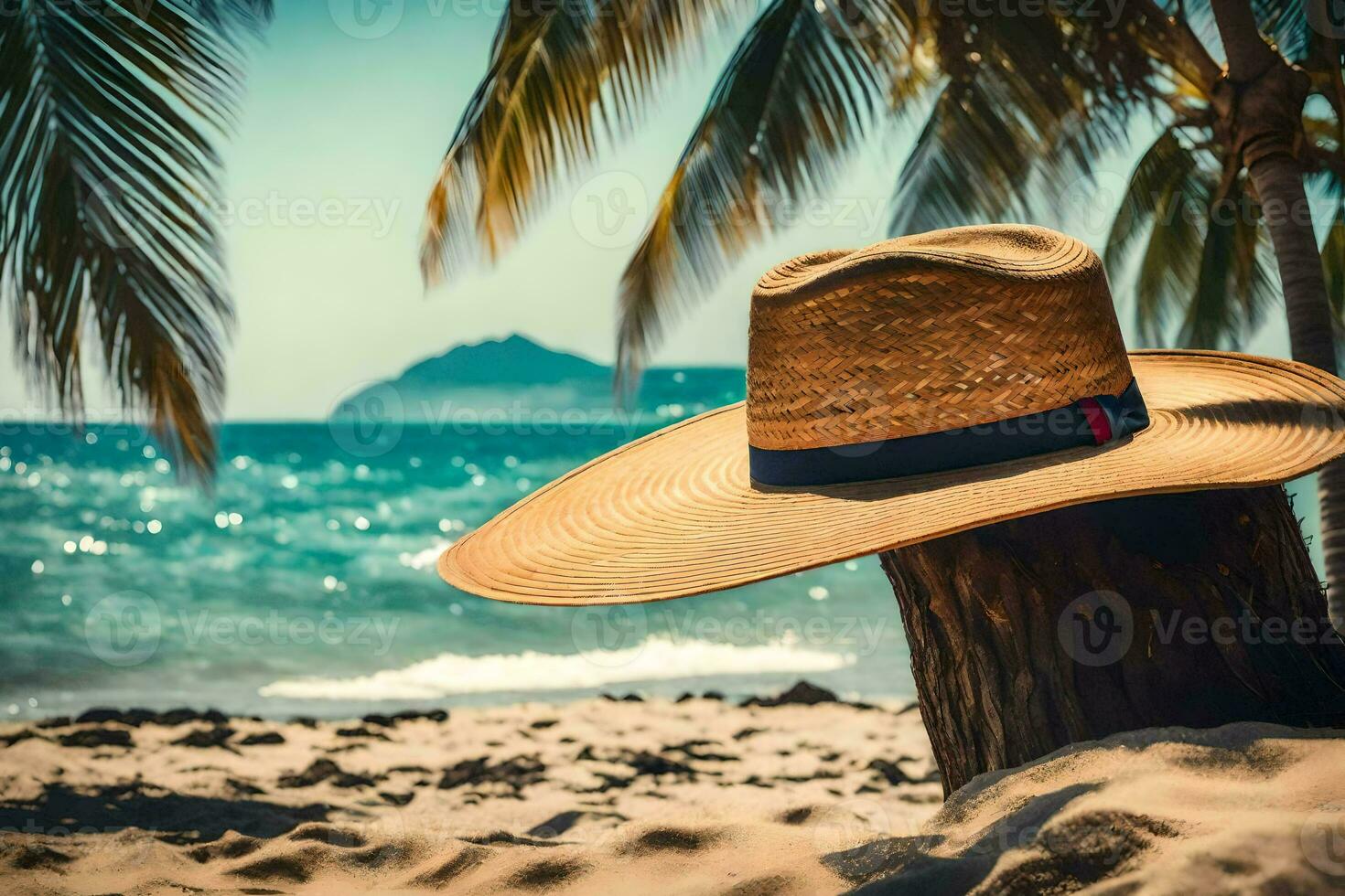 a straw hat on the beach with palm trees. AI-Generated photo