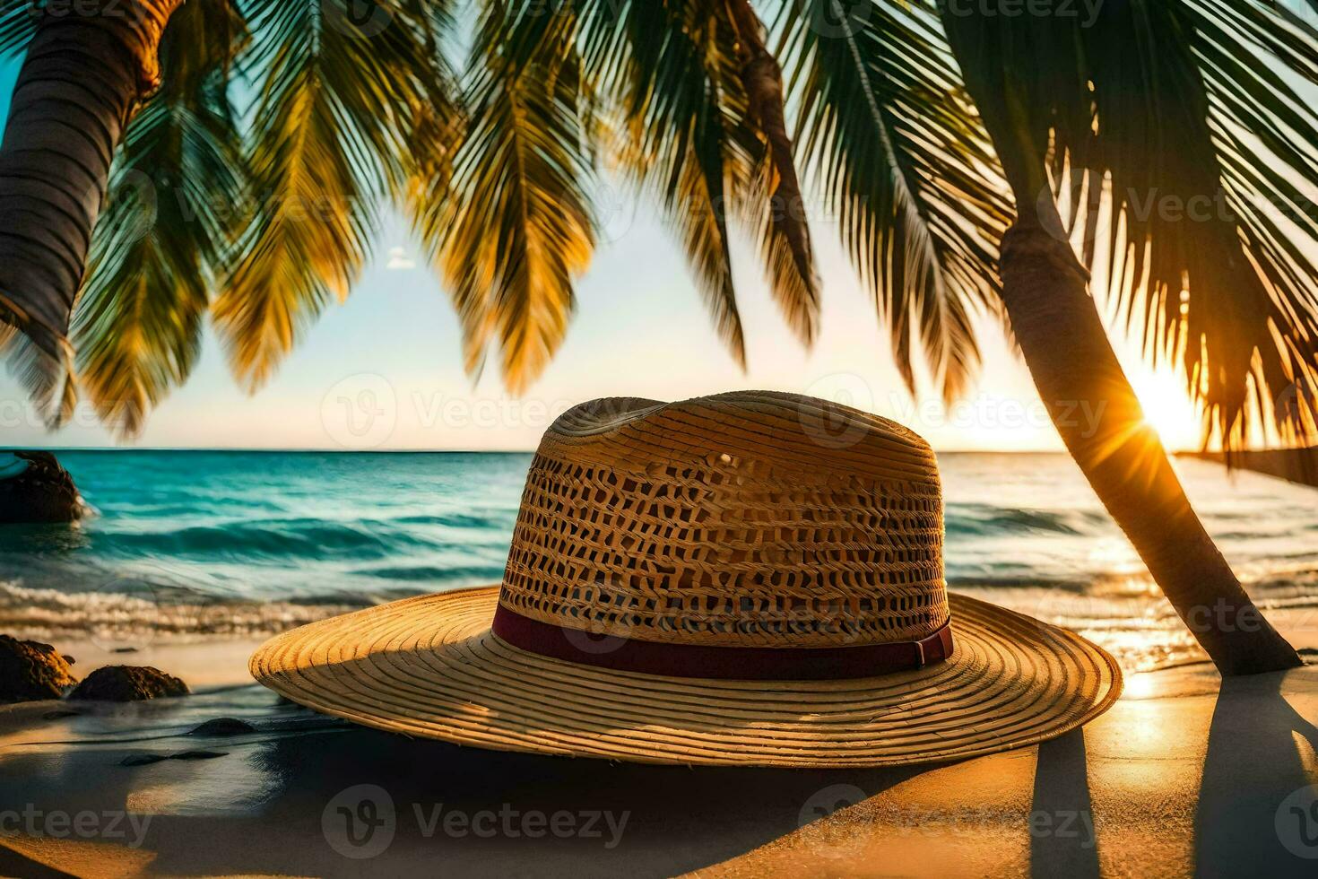 a straw hat sits on the beach at sunset. AI-Generated photo