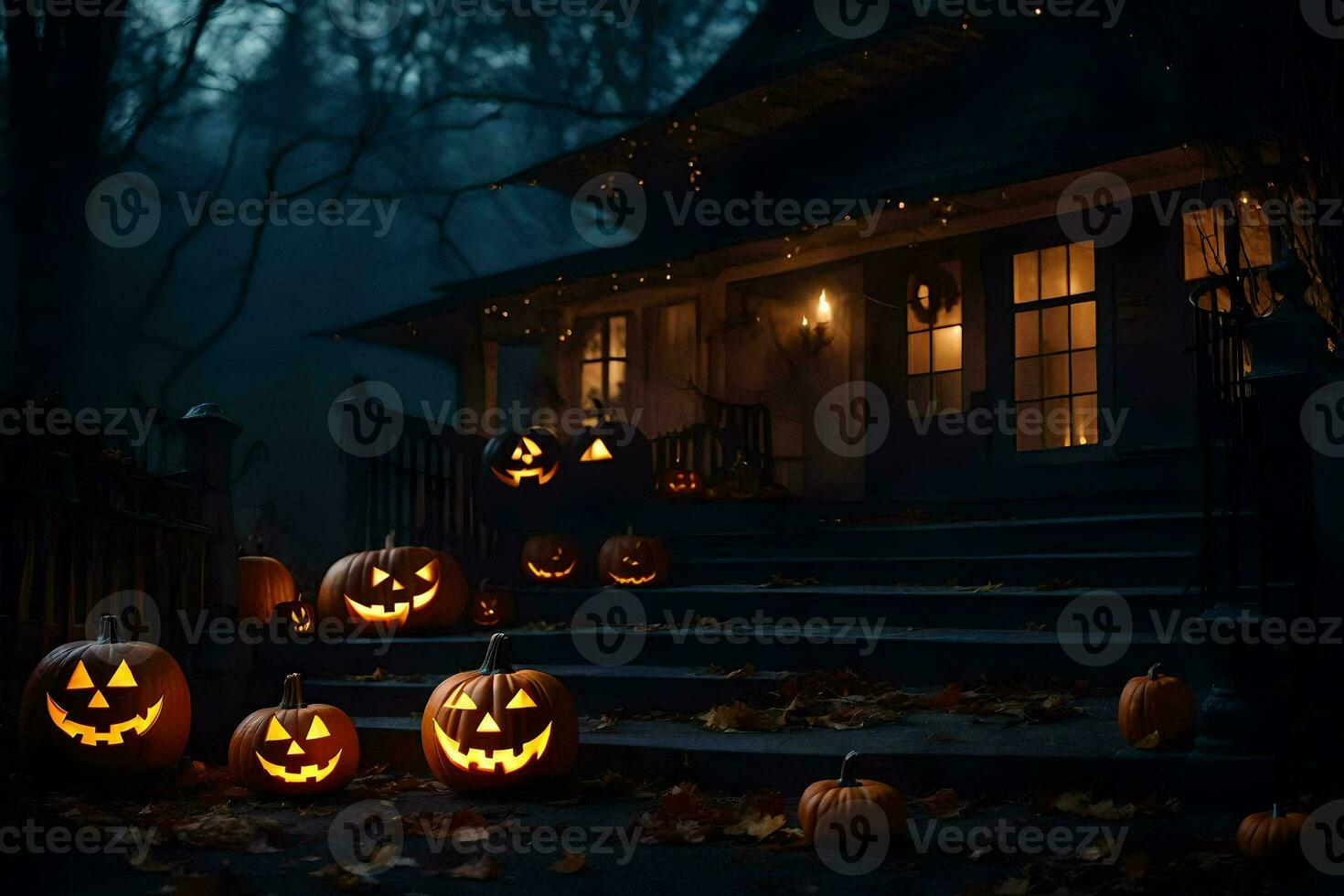 halloween pumpkins on the steps of a house. AI-Generated photo