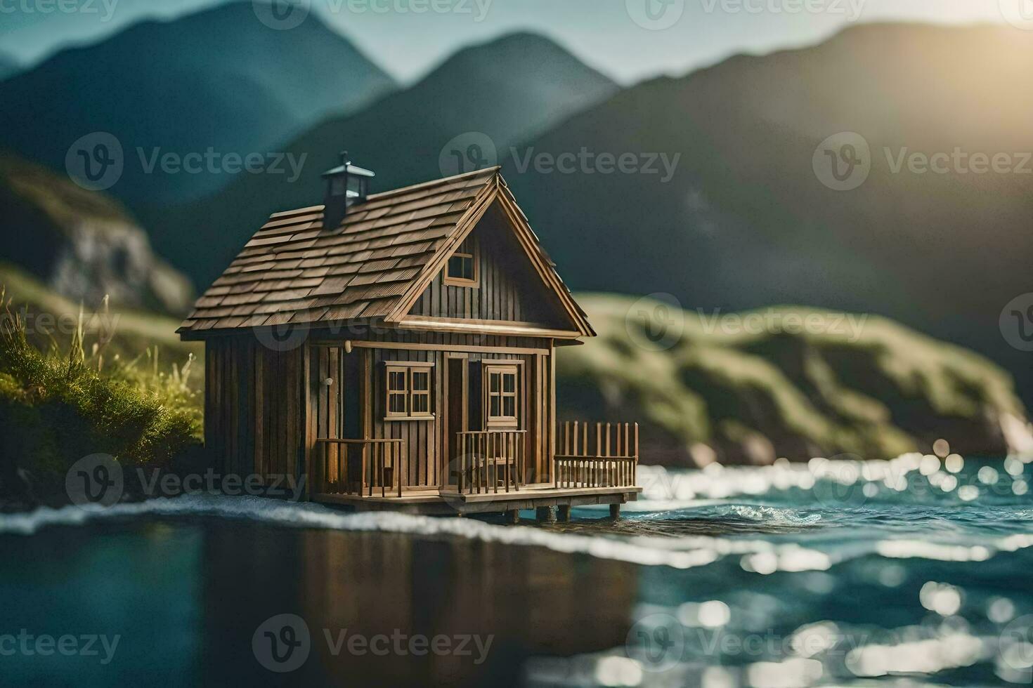 un pequeño de madera casa en el agua en frente de montañas. generado por ai foto
