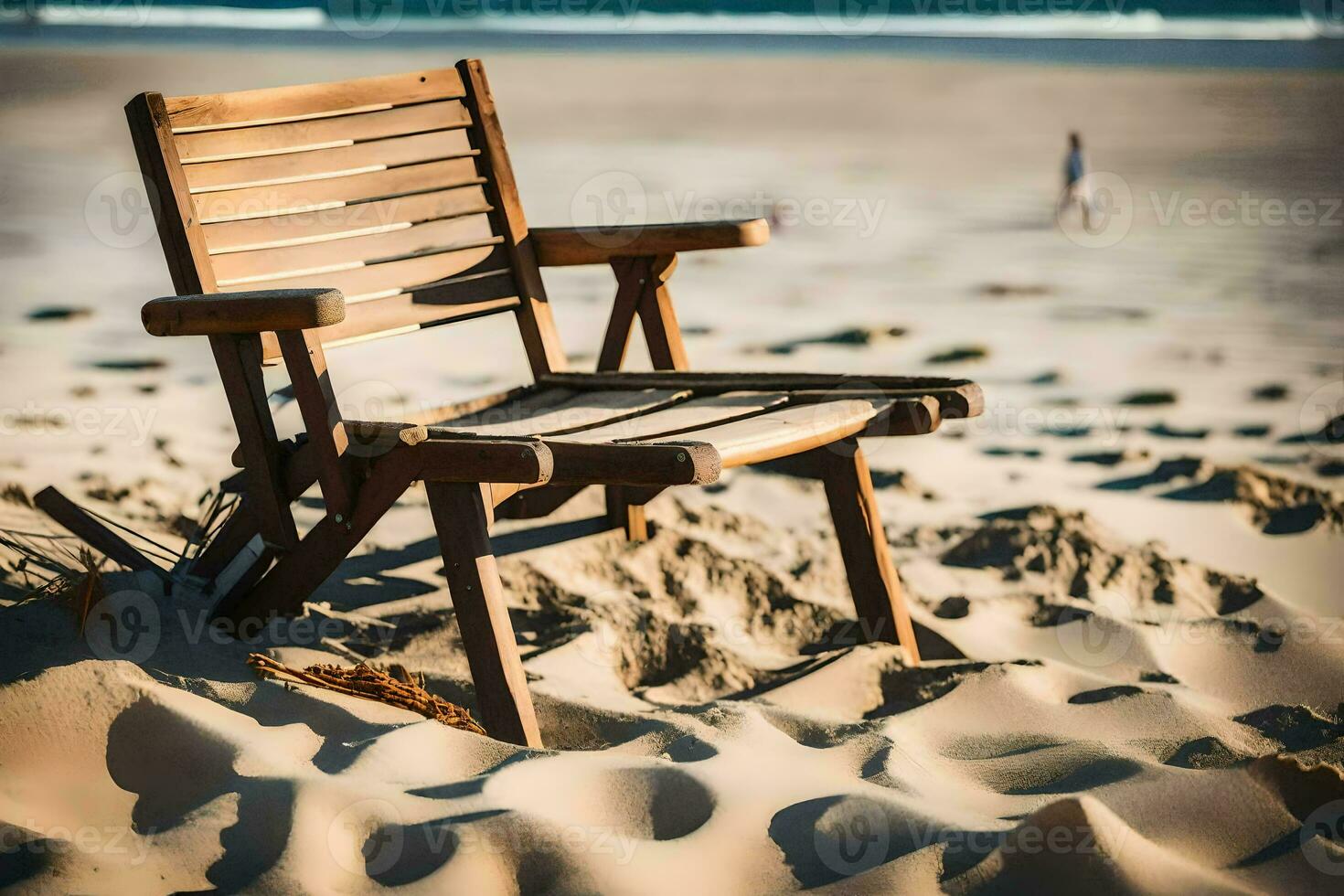 a wooden chair sits on the beach in front of the ocean. AI-Generated photo