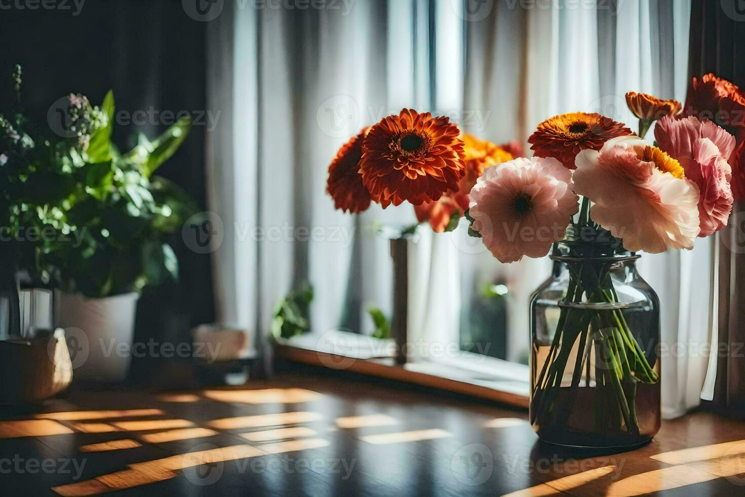 flowers in a vase on a table near a window. AI-Generated photo