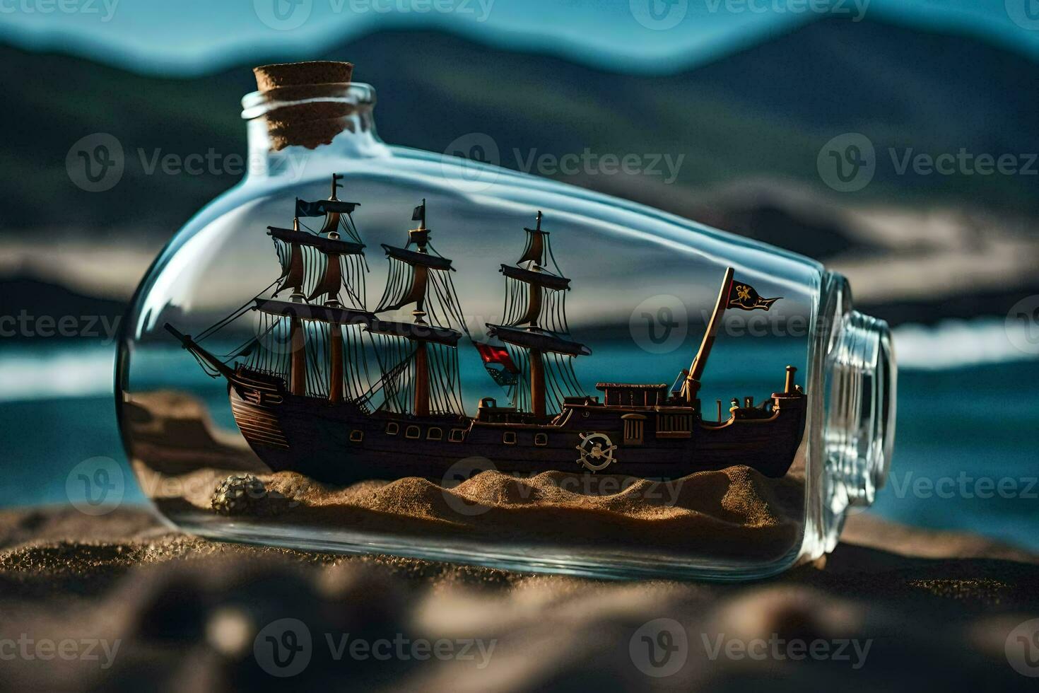 a ship in a bottle on the beach. AI-Generated photo