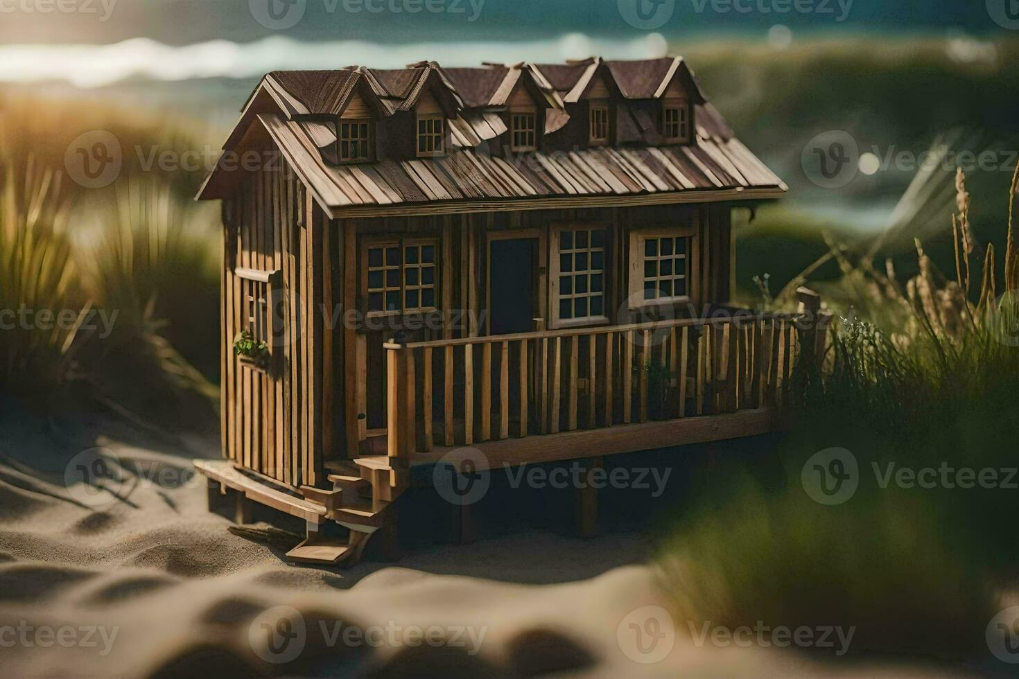 a miniature wooden house sits on the sand near the ocean. AI-Generated photo