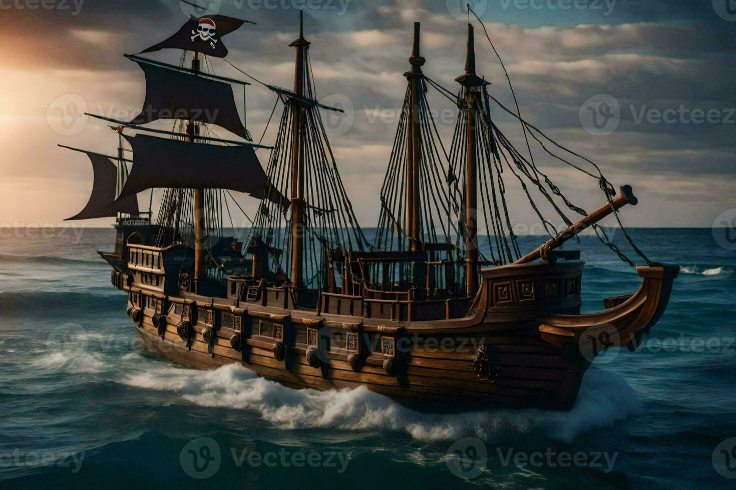 a pirate ship in the ocean at sunset. AI-Generated photo