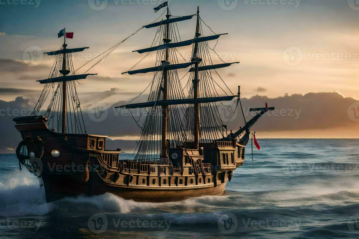 a wooden sailing ship in the ocean at sunset. AI-Generated photo