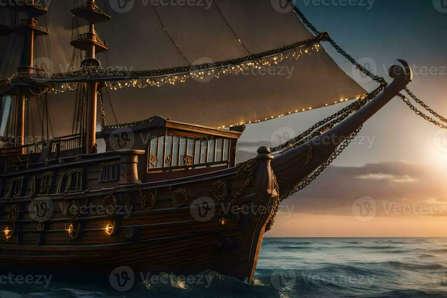 a pirate ship is sailing in the ocean at sunset. AI-Generated photo
