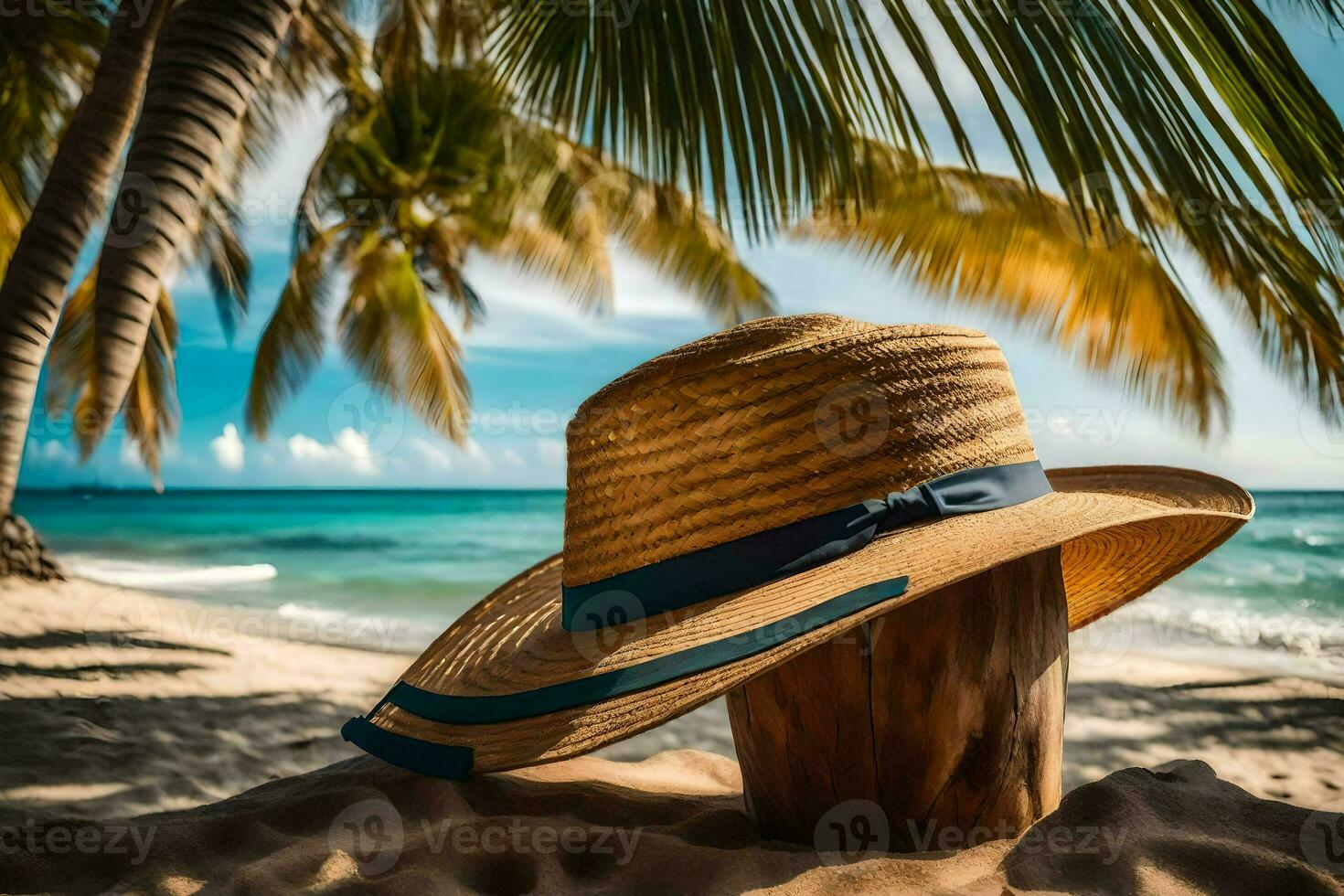 a straw hat on a wooden post on the beach. AI-Generated photo