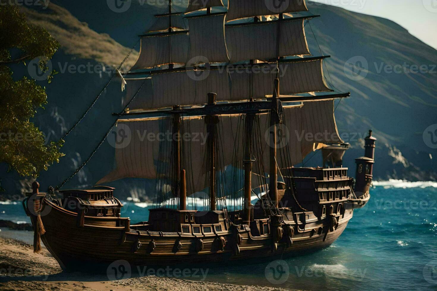 a pirate ship is on the beach near the ocean. AI-Generated photo