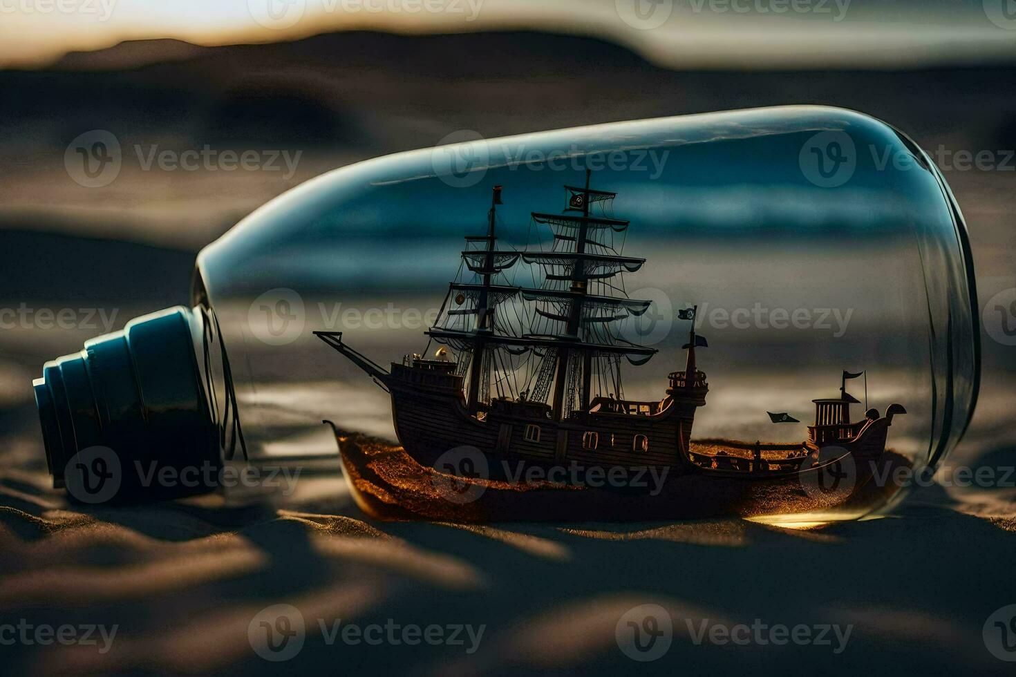 a ship in a bottle on the beach. AI-Generated photo