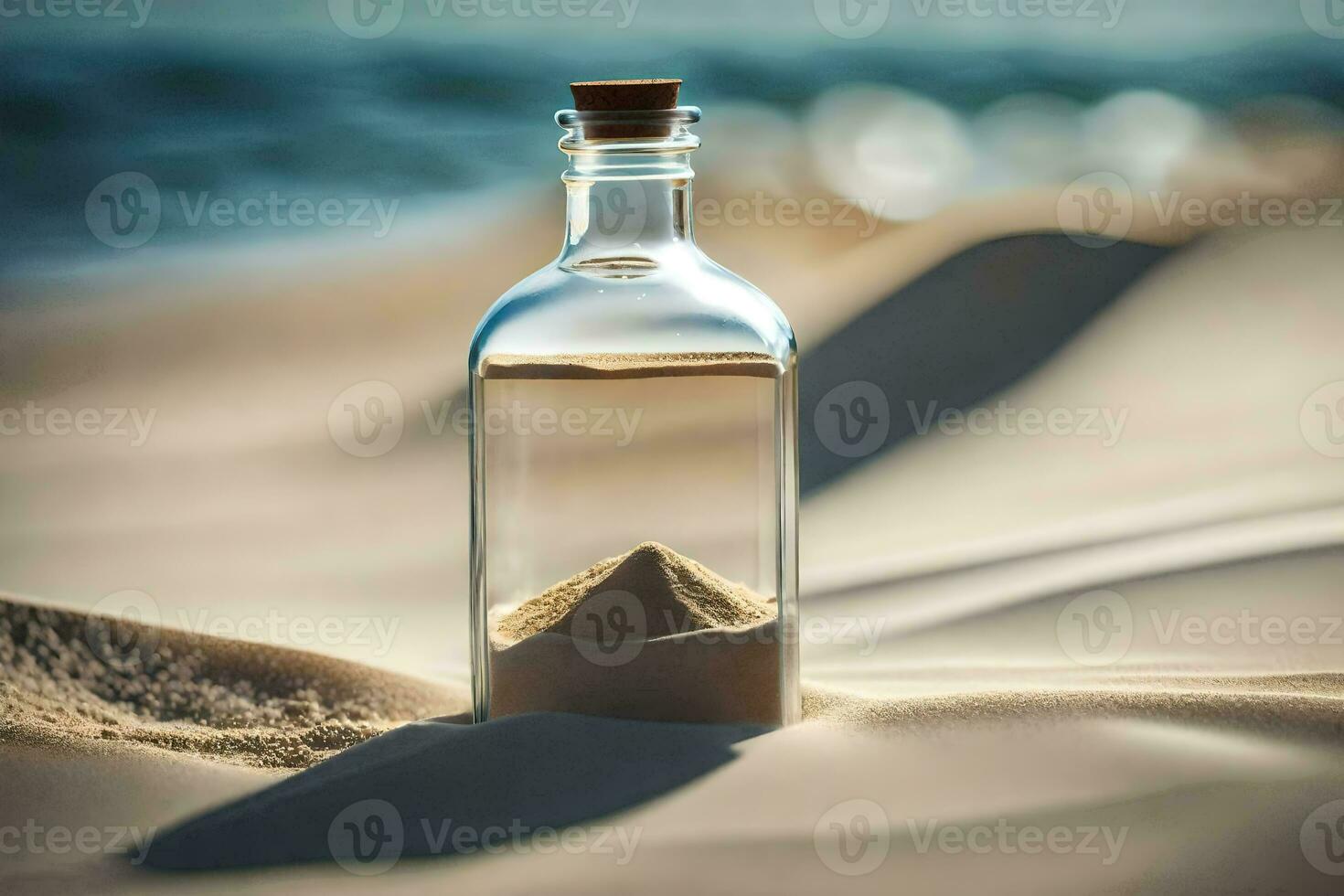 a bottle of sand on the beach with sand in it. AI-Generated photo