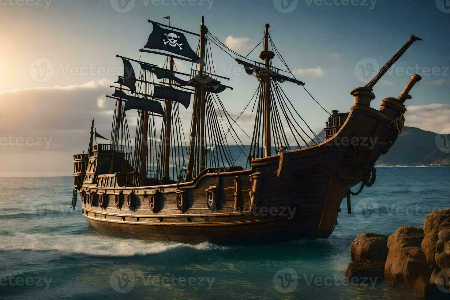 a pirate ship is sailing in the ocean. AI-Generated photo