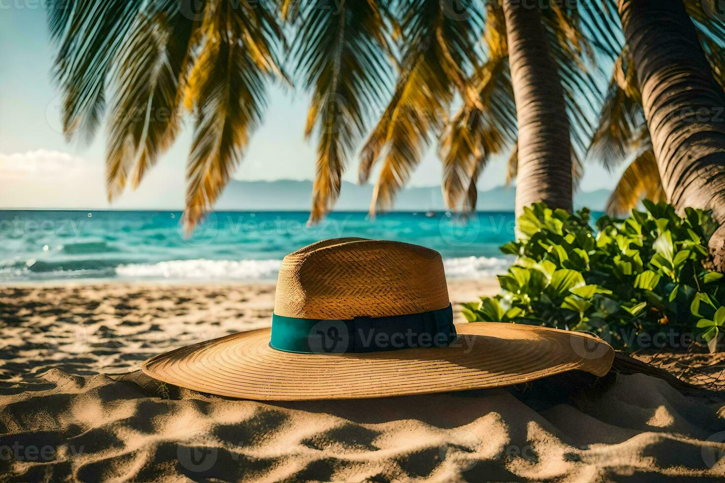 a hat sits on the sand near palm trees. AI-Generated photo