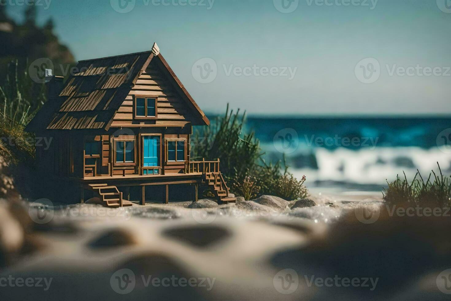 a miniature wooden house on the beach. AI-Generated photo