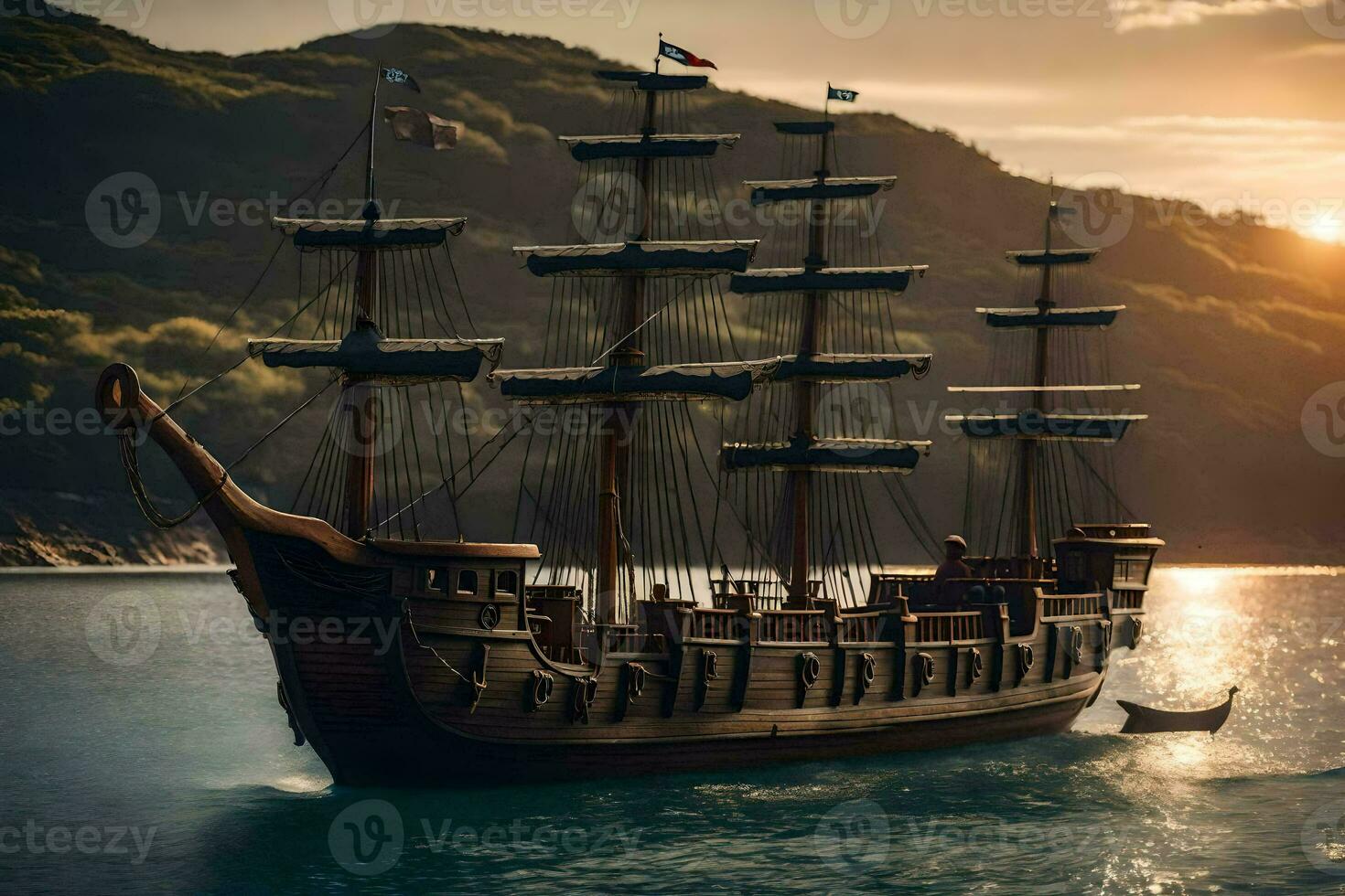 a pirate ship is sailing in the ocean. AI-Generated photo