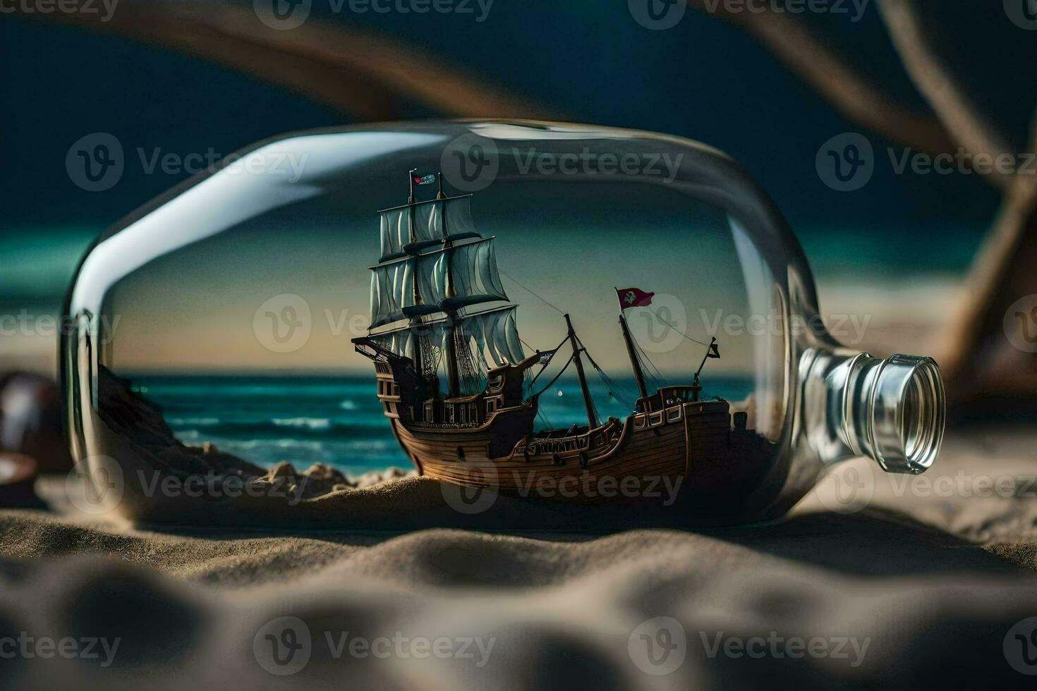 a ship in a bottle on the beach. AI-Generated photo