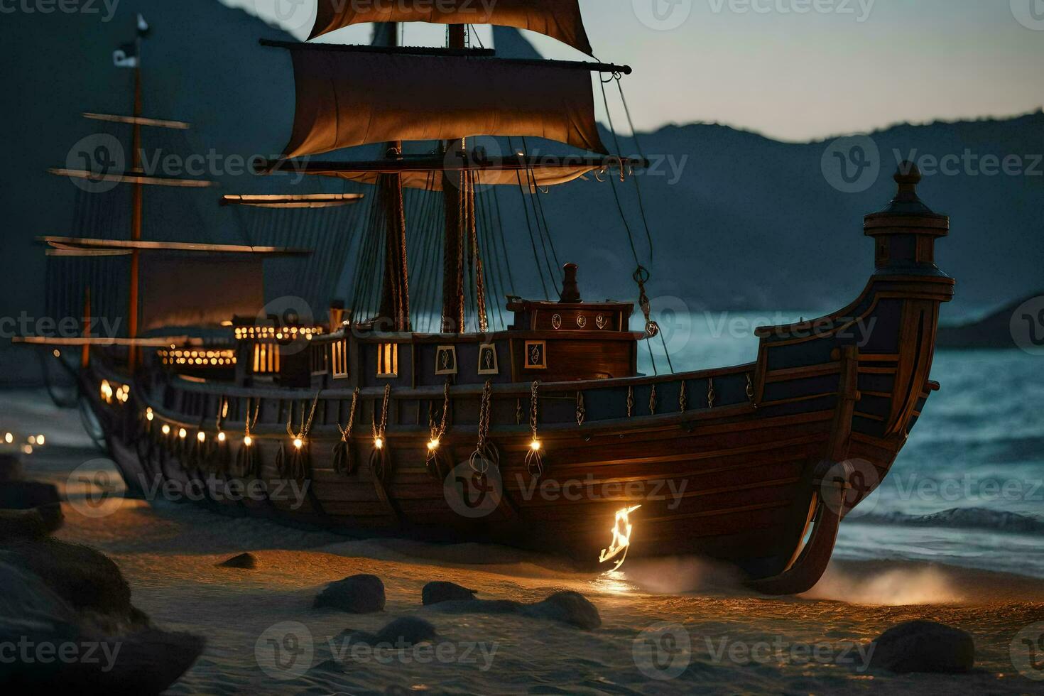 a pirate ship is on the beach at night. AI-Generated photo