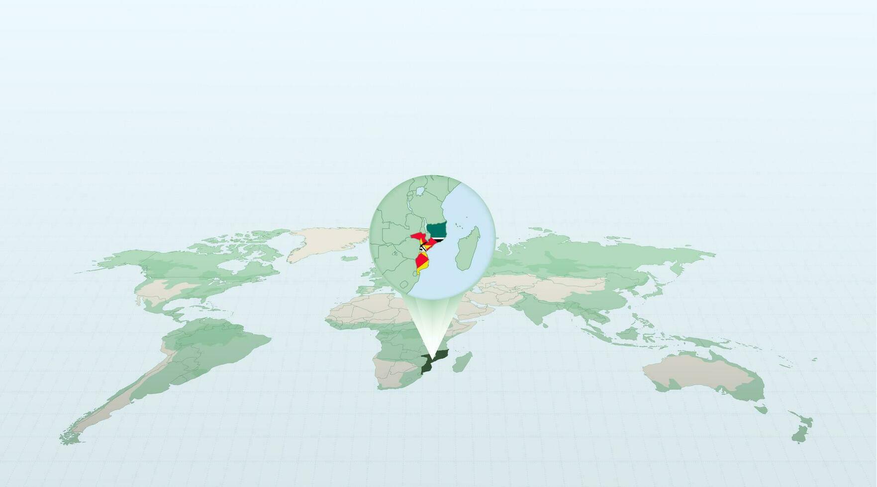 mundo mapa en perspectiva demostración el ubicación de el país Mozambique con detallado mapa con bandera de Mozambique. vector