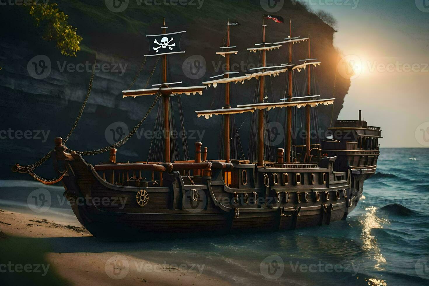 a pirate ship on the beach at sunset. AI-Generated photo