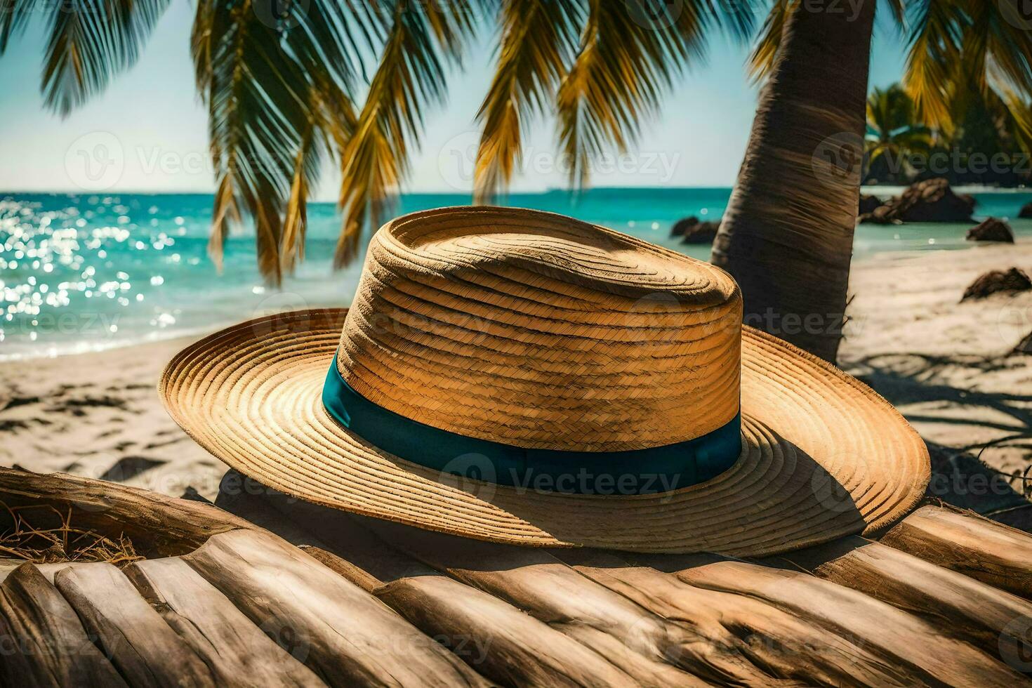 a straw hat sits on the beach near palm trees. AI-Generated photo