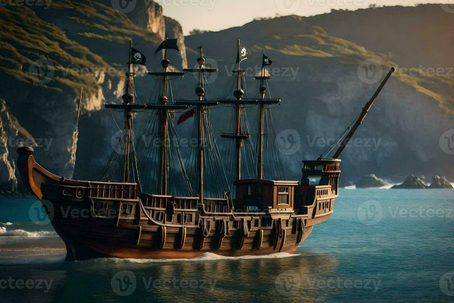 a pirate ship is sailing in the ocean. AI-Generated photo