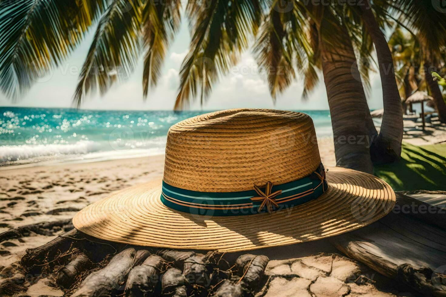 a straw hat sits on the beach near palm trees. AI-Generated photo