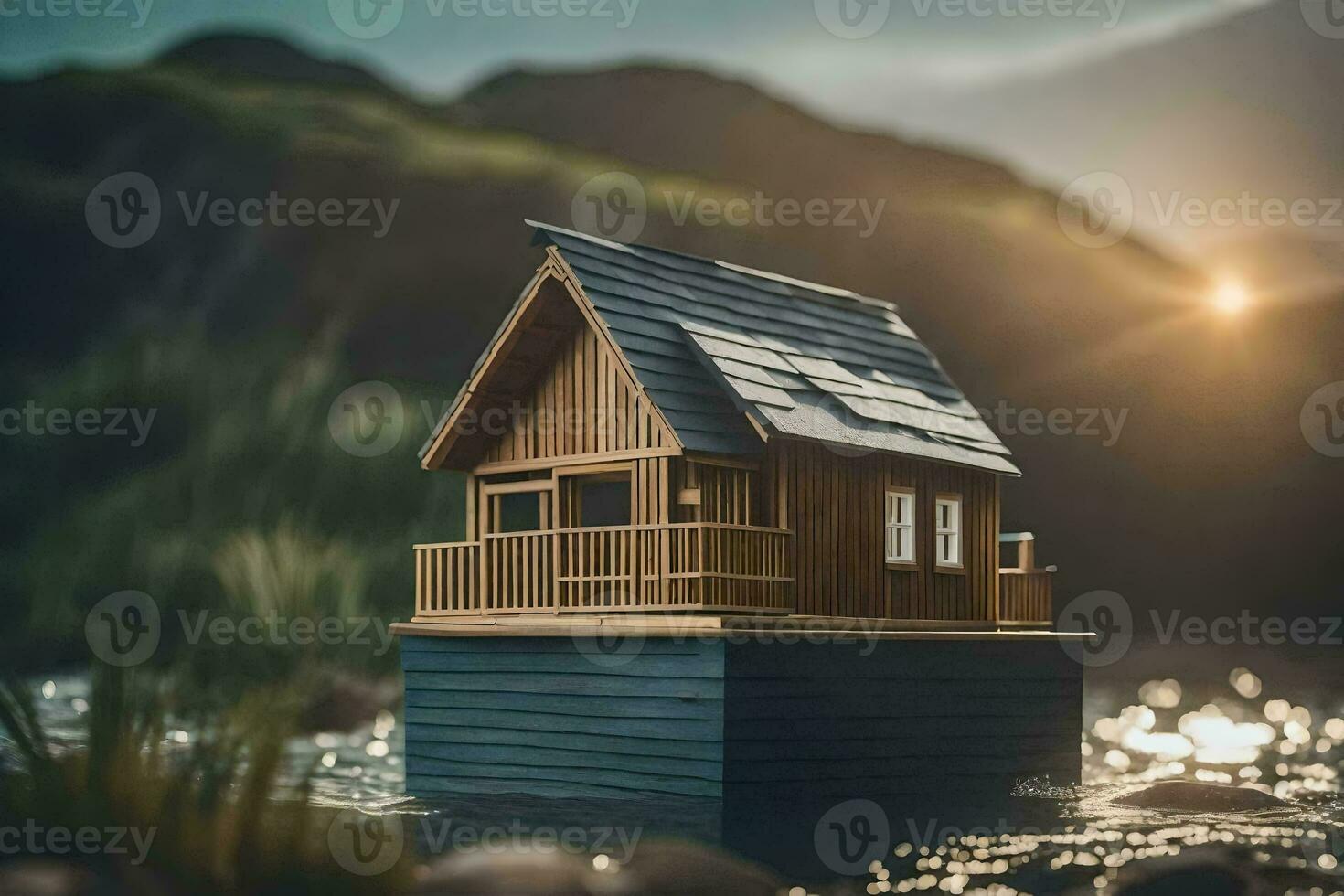 a small wooden house sits on the water in front of a mountain. AI-Generated photo