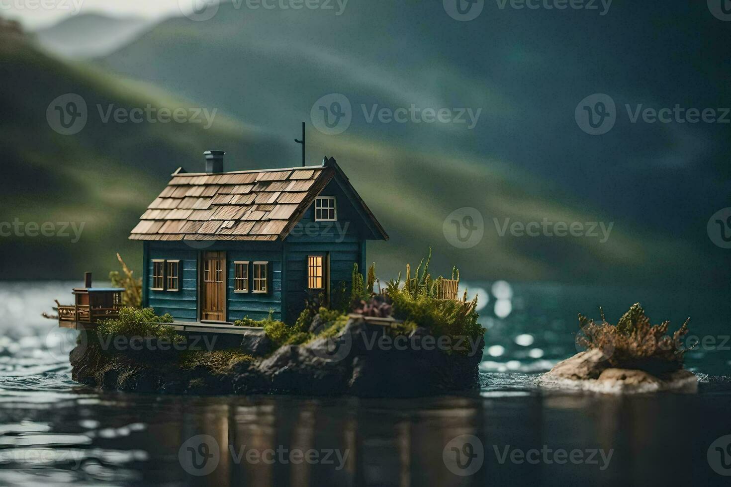 a miniature house on a small island in the middle of the water. AI-Generated photo
