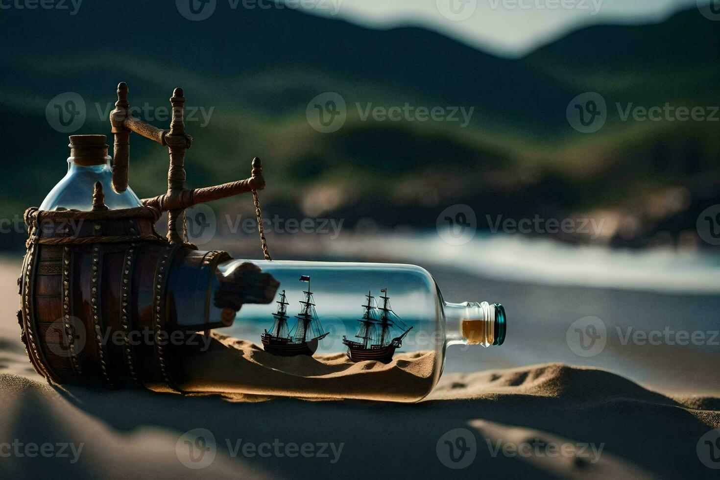 ship in a bottle on the beach. AI-Generated photo