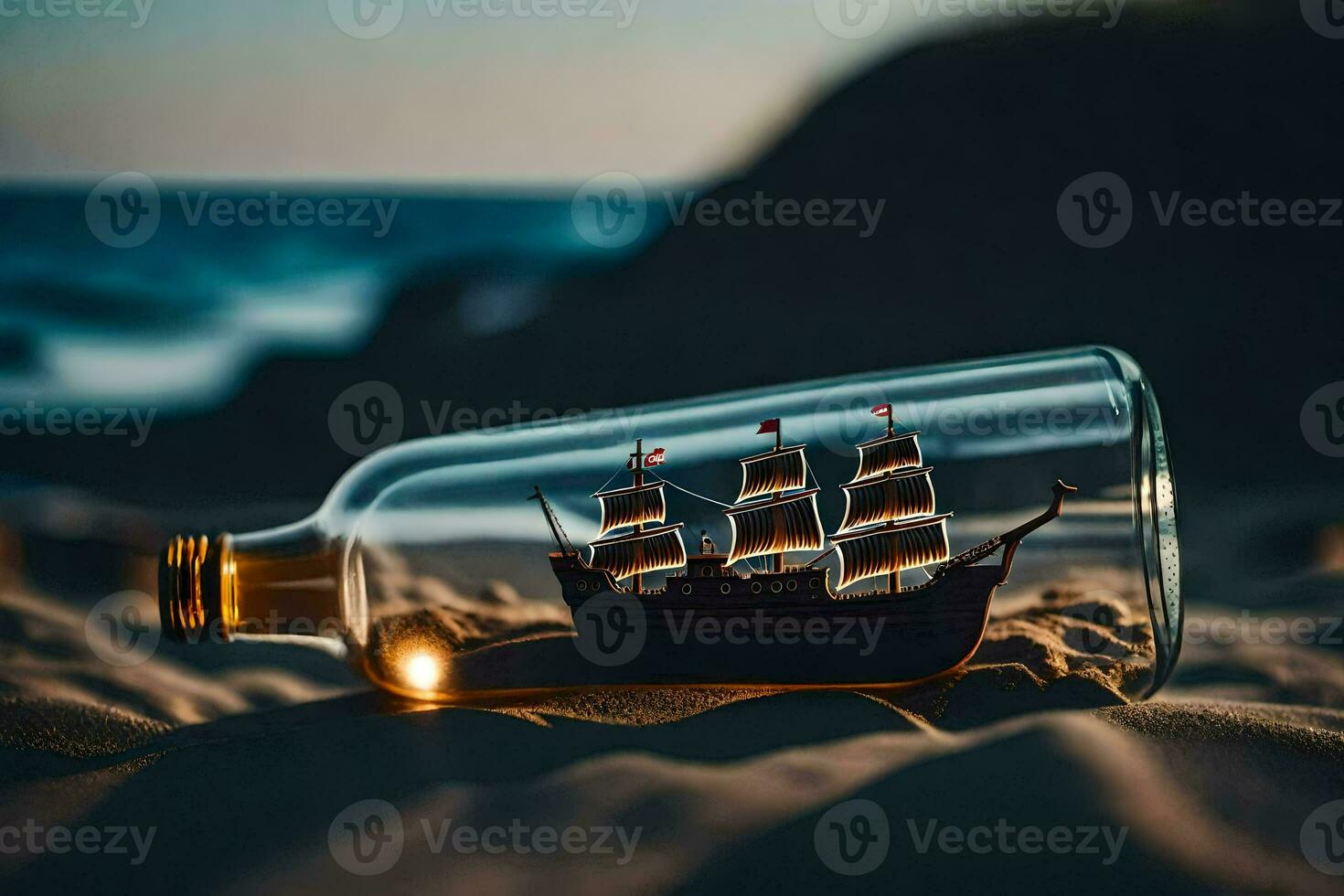ship in a bottle on the beach. AI-Generated photo