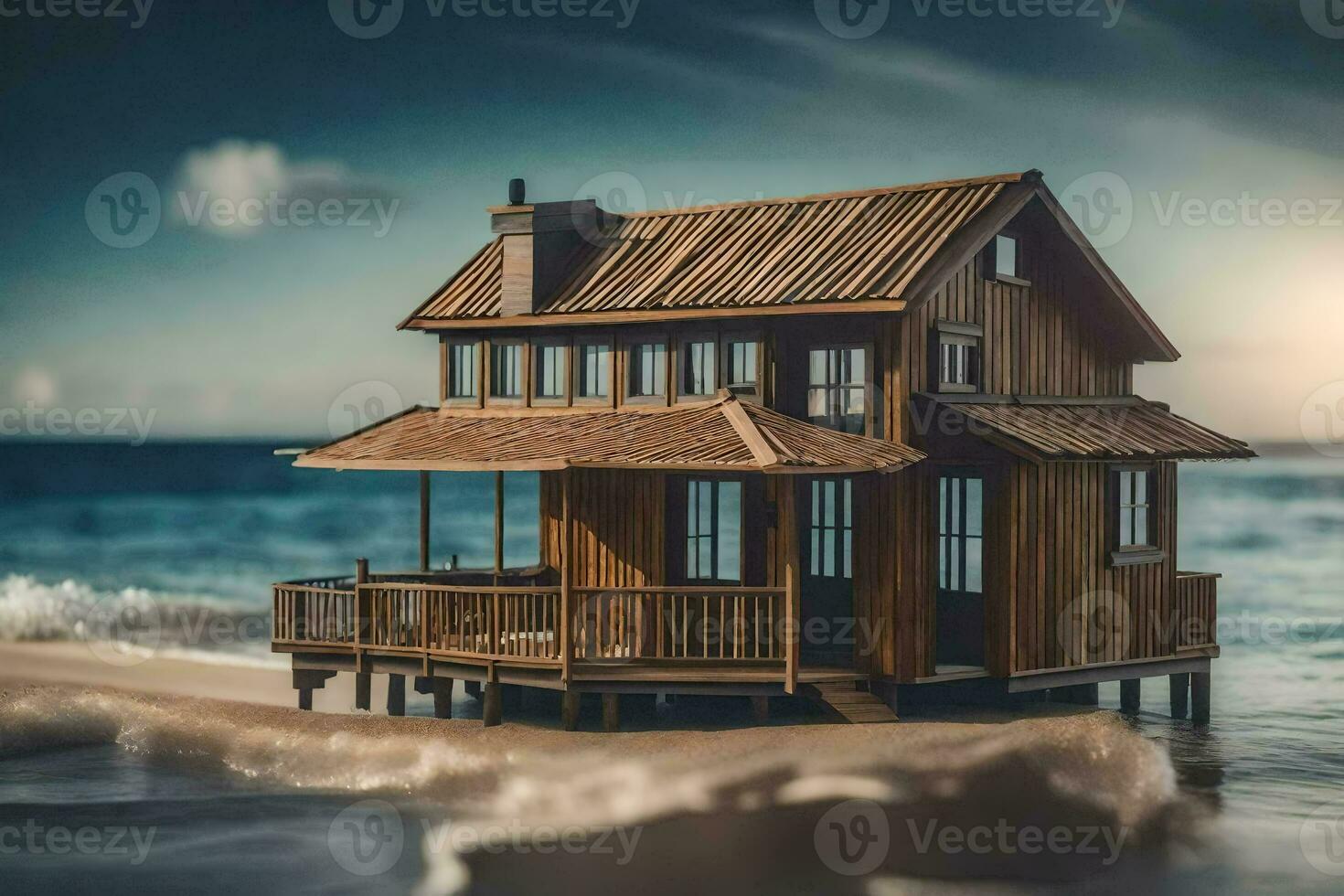 a miniature house on the beach with a wooden roof. AI-Generated photo