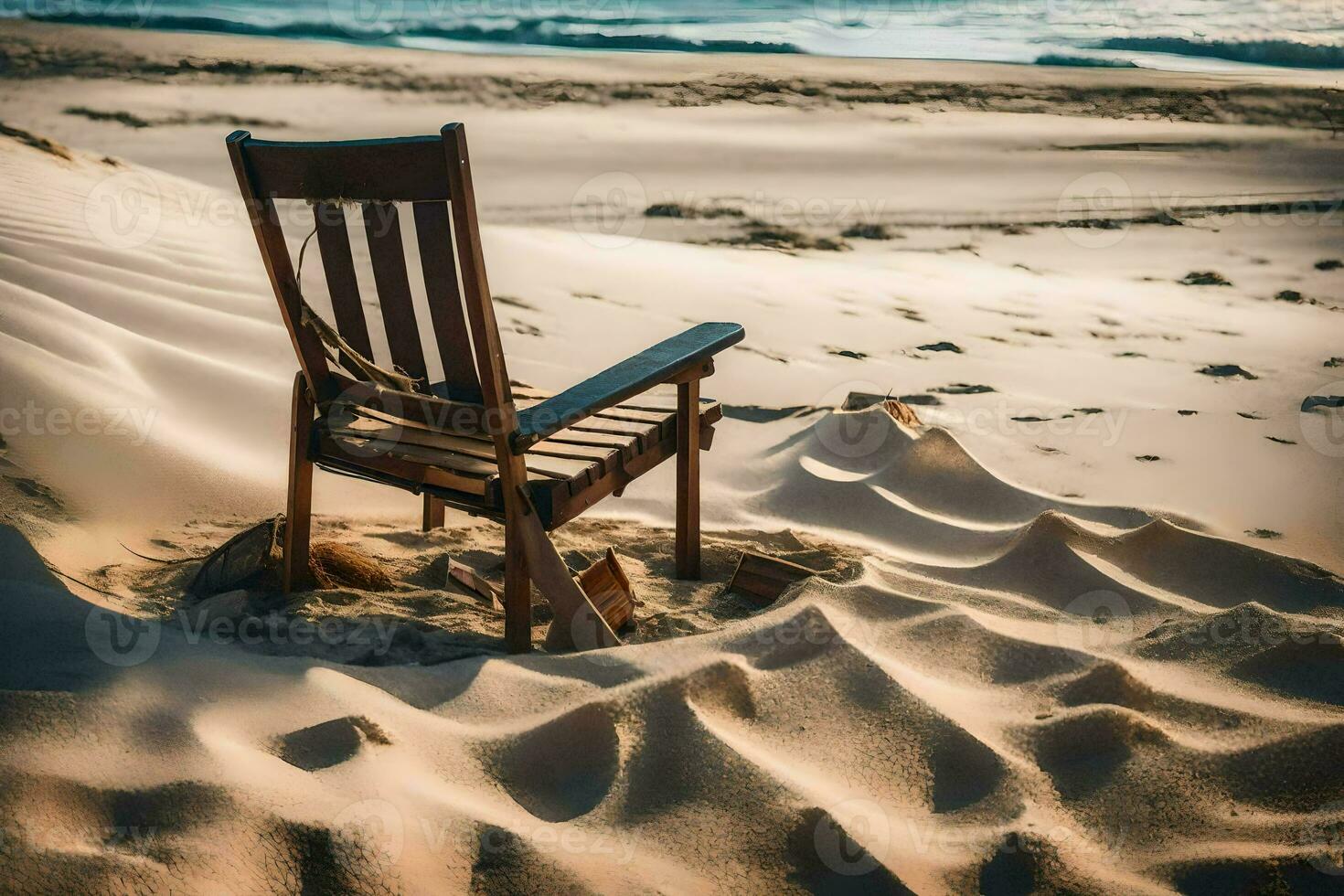 a chair sits on the sand in front of the ocean. AI-Generated photo