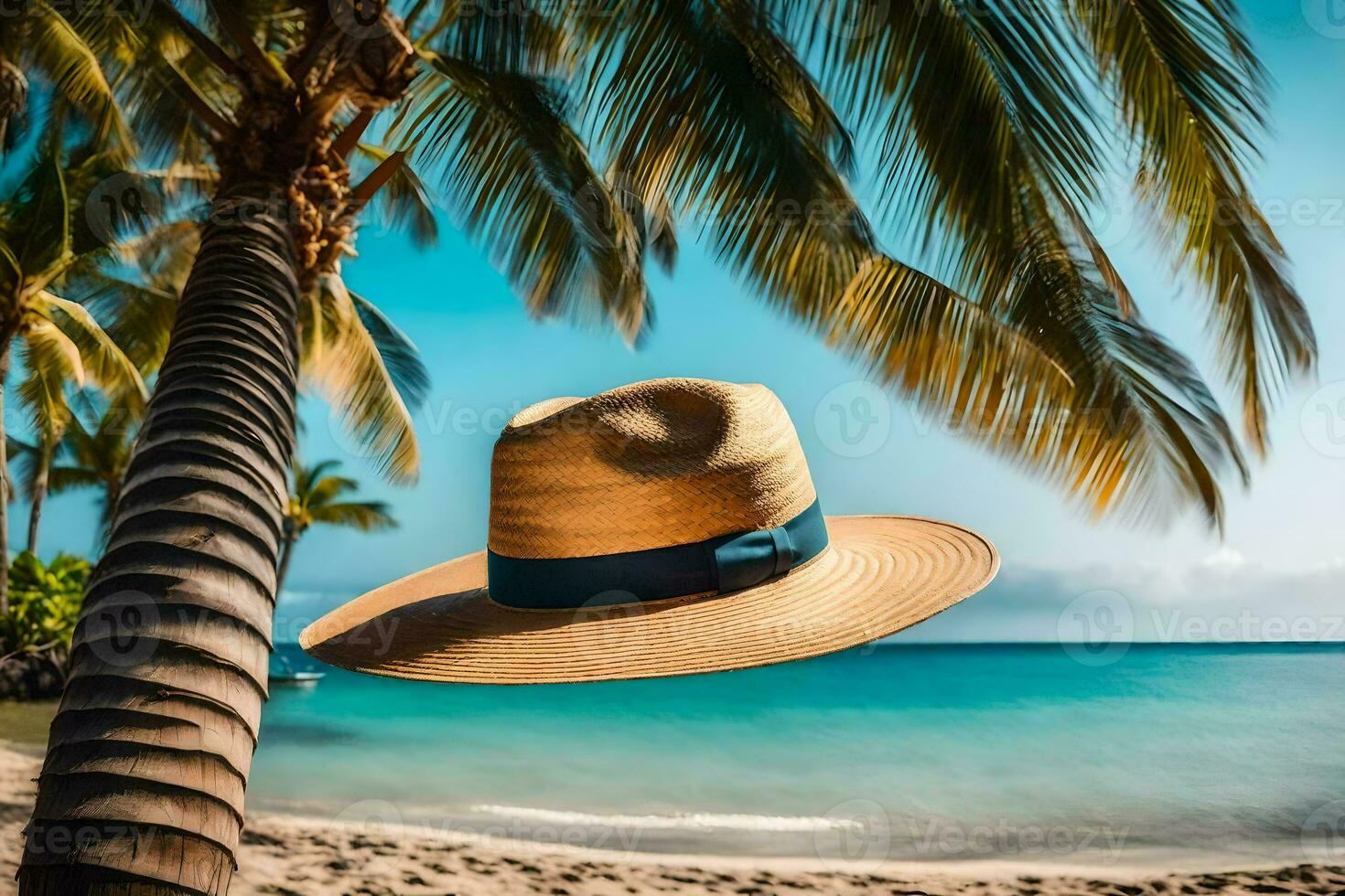 a hat on the beach with palm trees. AI-Generated photo