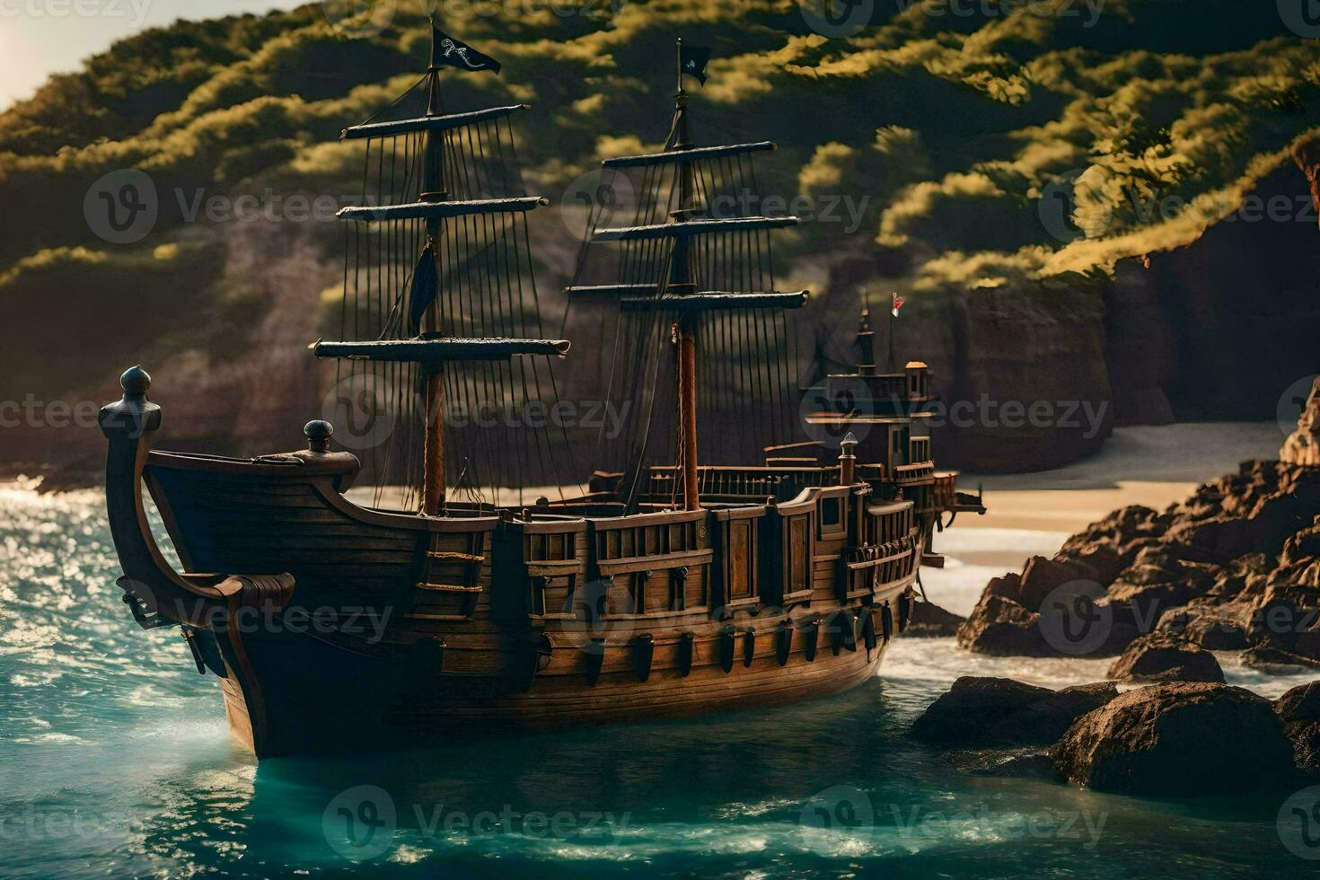 a pirate ship is in the ocean near rocks. AI-Generated photo