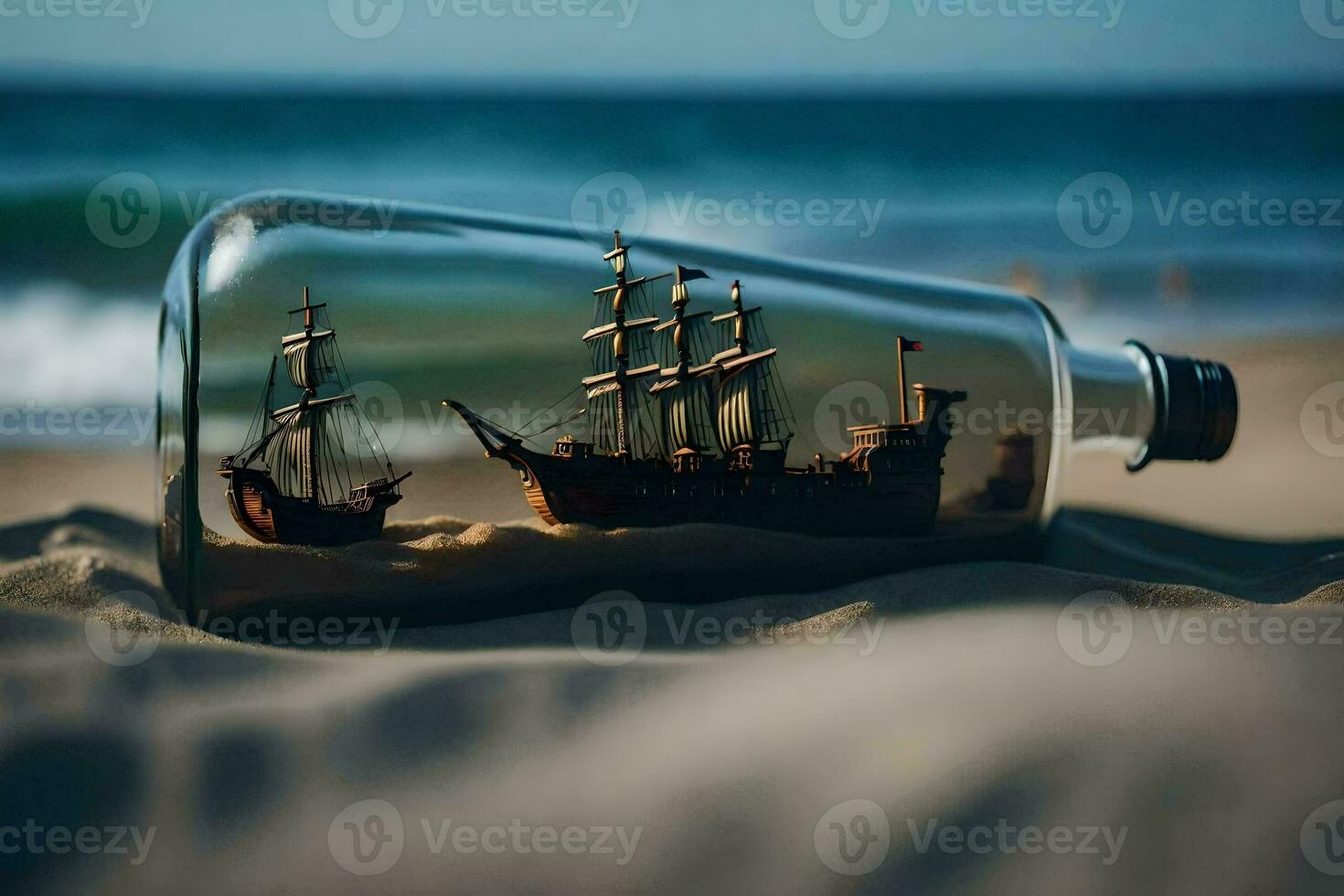 ship in a bottle on the beach. AI-Generated photo