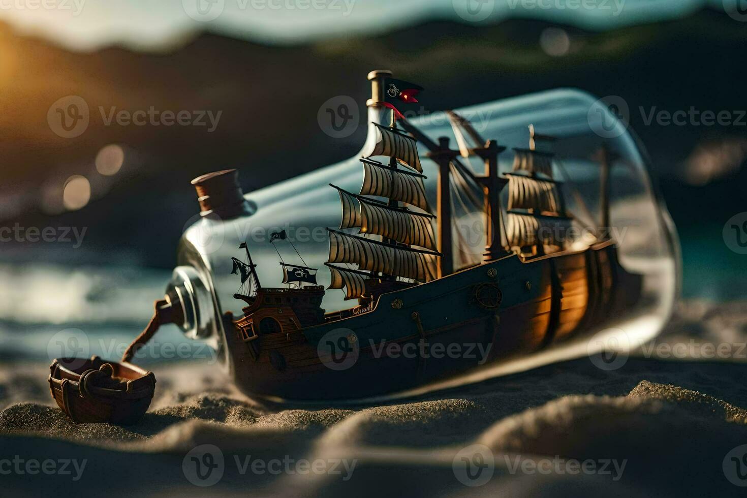 a ship in a bottle on the beach. AI-Generated photo