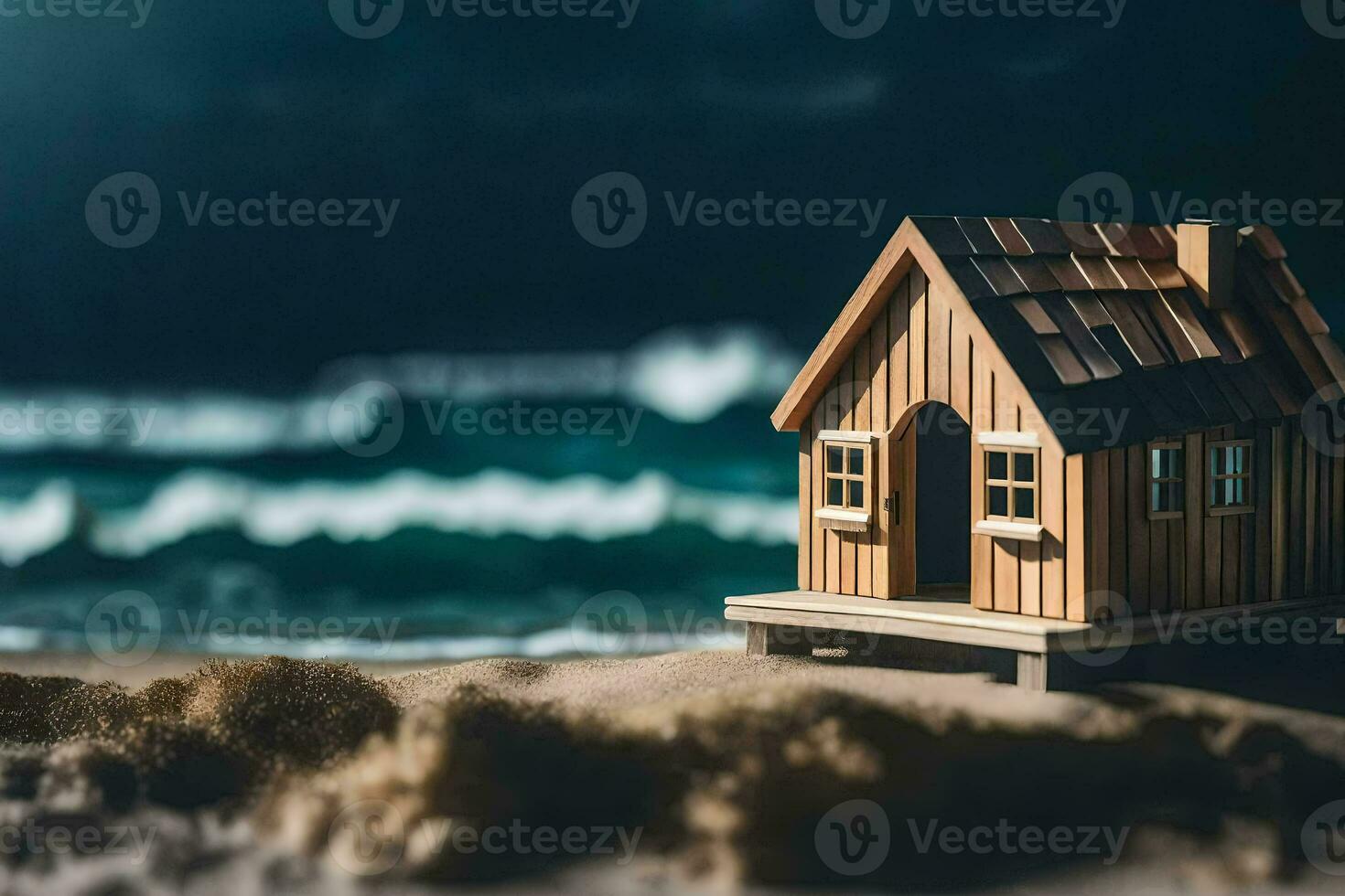a miniature house on the beach with waves in the background. AI-Generated photo