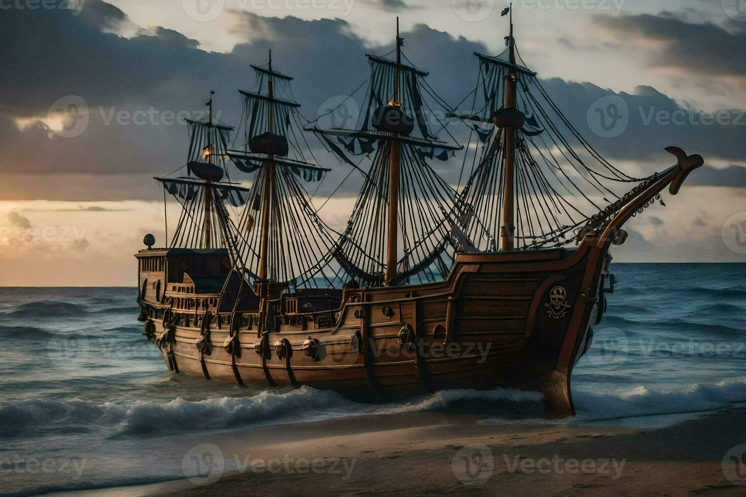 a wooden ship on the beach at sunset. AI-Generated photo