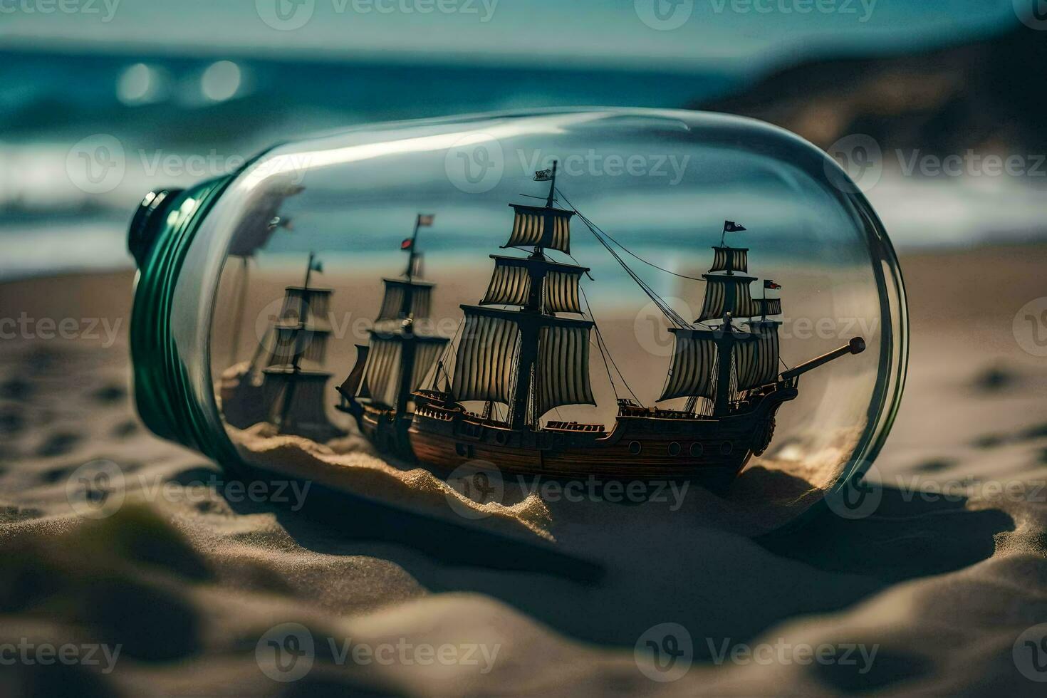 a ship in a bottle on the beach. AI-Generated photo