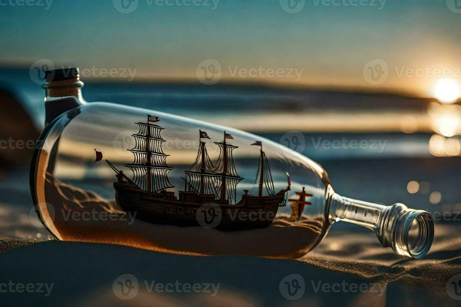 a ship in a bottle on the beach. AI-Generated photo