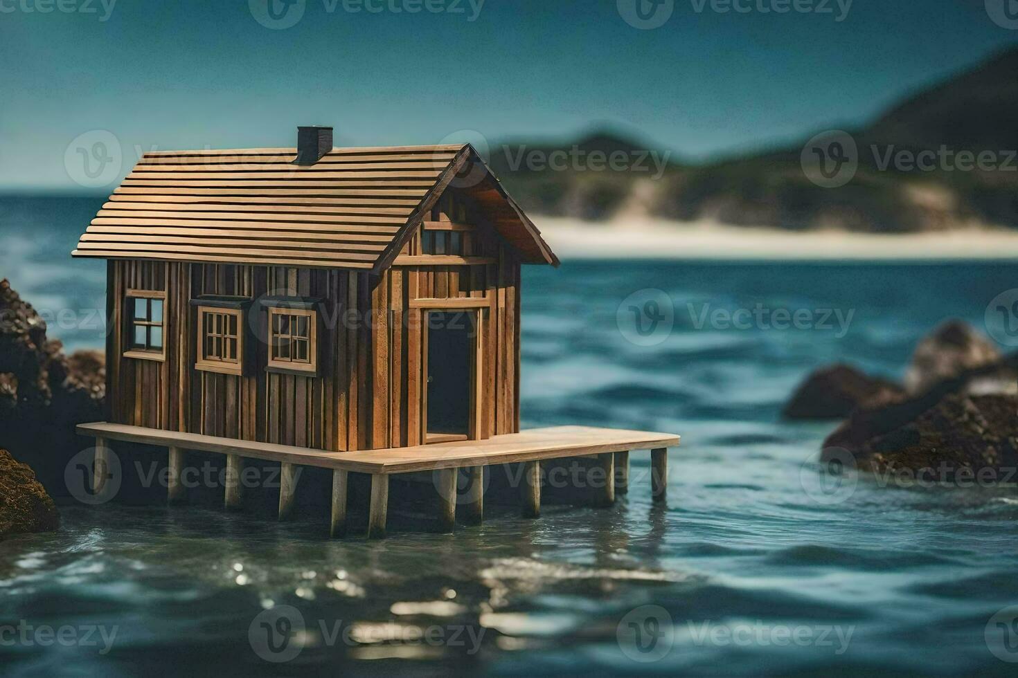 a miniature wooden house on a pier in the ocean. AI-Generated photo