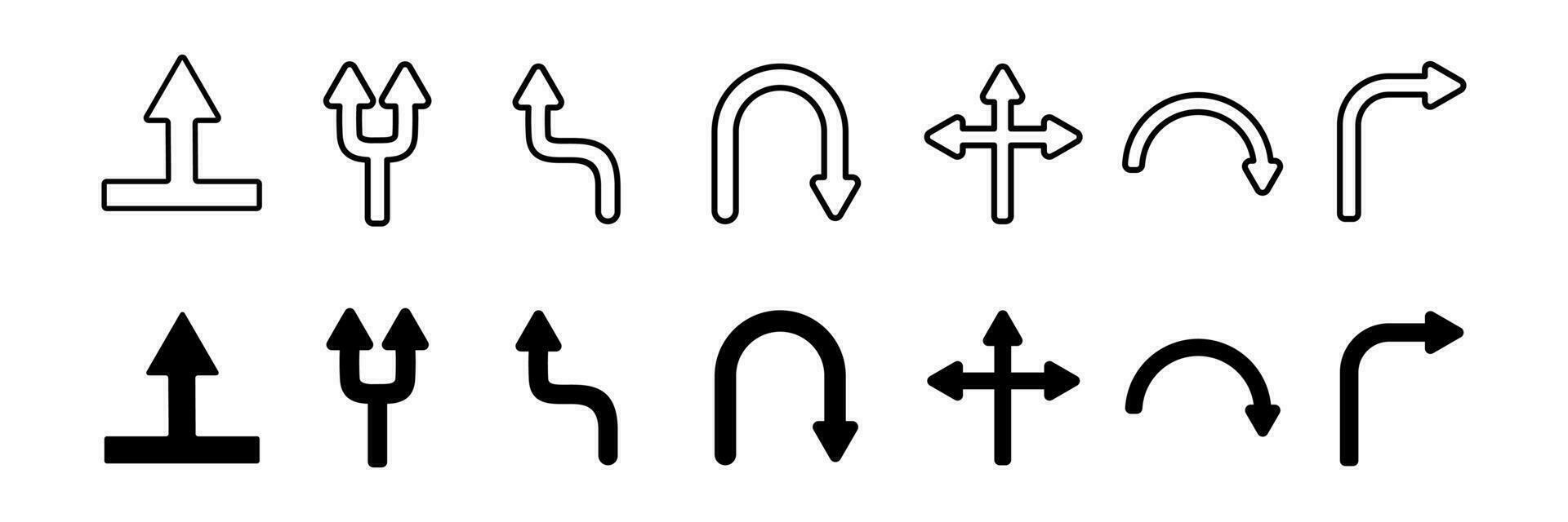 set of intersection icons, two arrows, mixed arrows, three arrows, turn arrow icons, with black fill and line style isolated on white background. vector