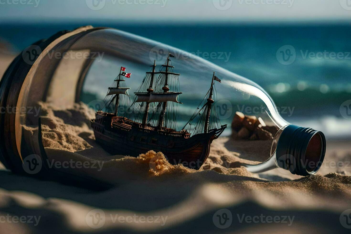 a ship in a bottle on the beach. AI-Generated photo