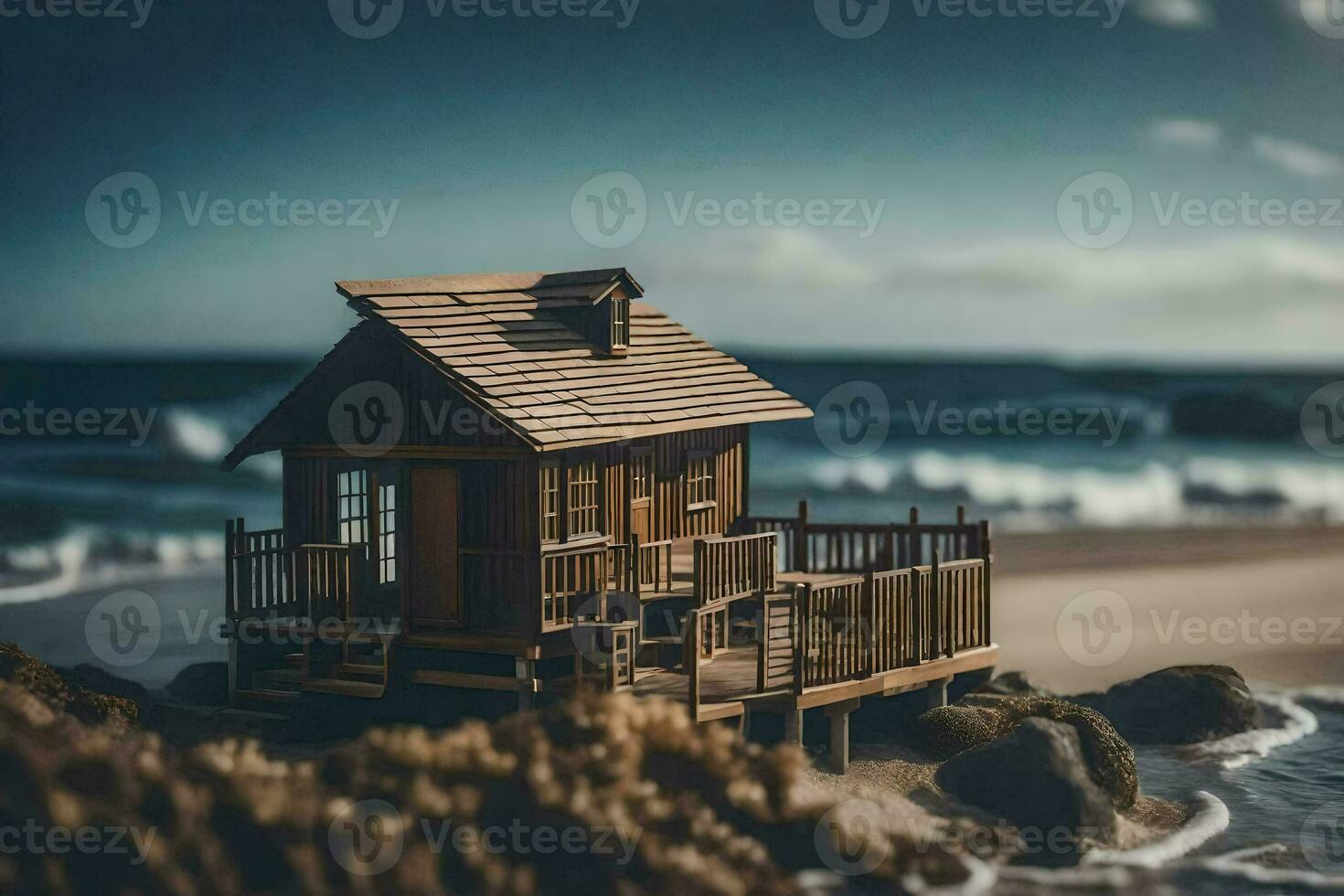 un miniatura de madera casa en el playa. generado por ai foto