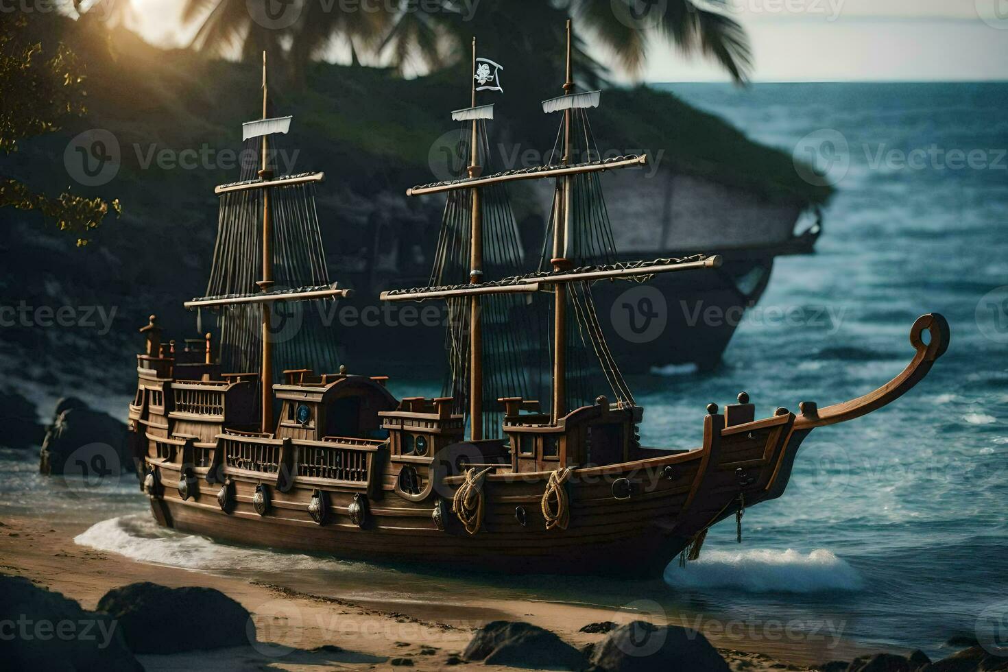 a model of a pirate ship on the beach. AI-Generated photo