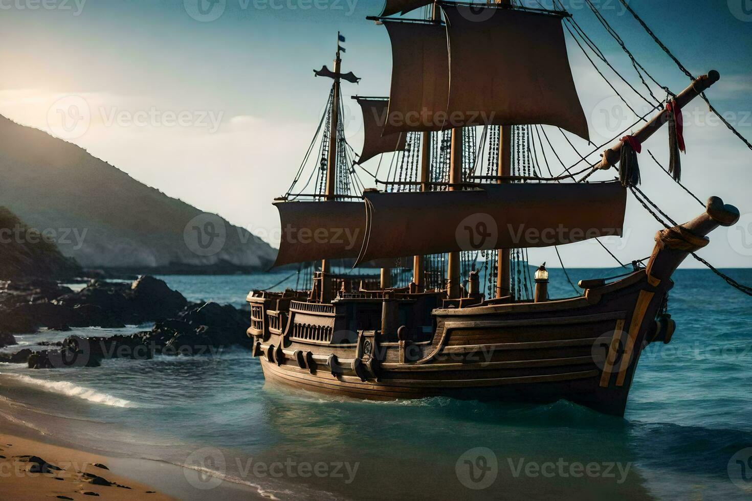 a pirate ship is docked on the beach. AI-Generated photo