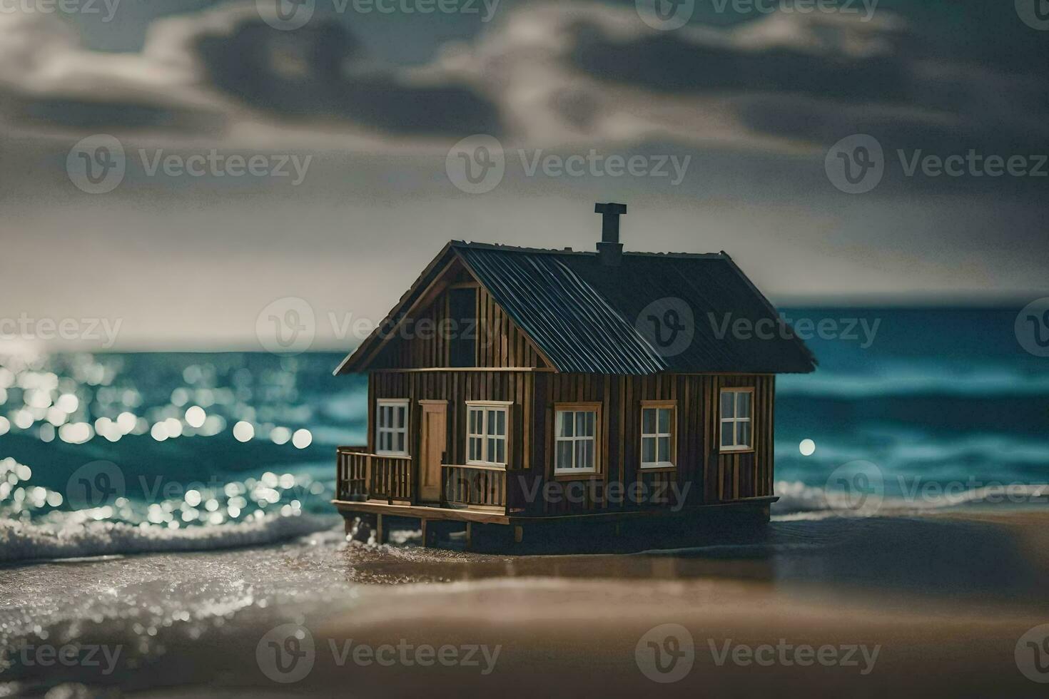 a miniature house on the beach. AI-Generated photo