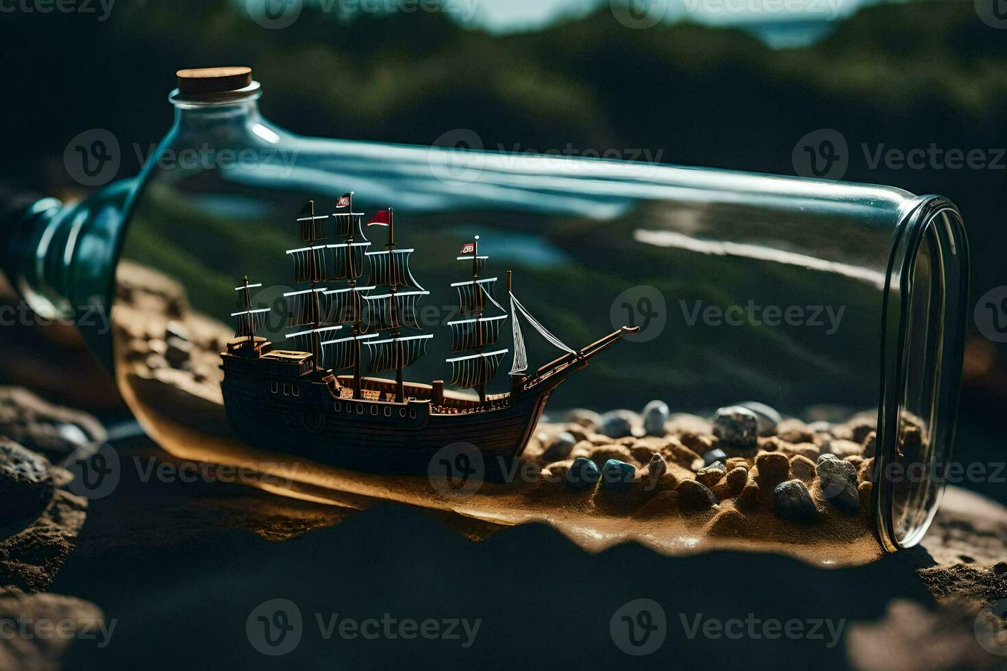 a miniature ship in a bottle on the rocks. AI-Generated photo
