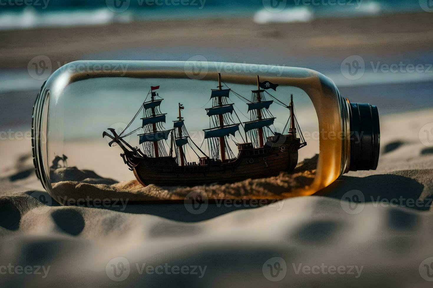 a bottle with a ship inside of it on the beach. AI-Generated photo