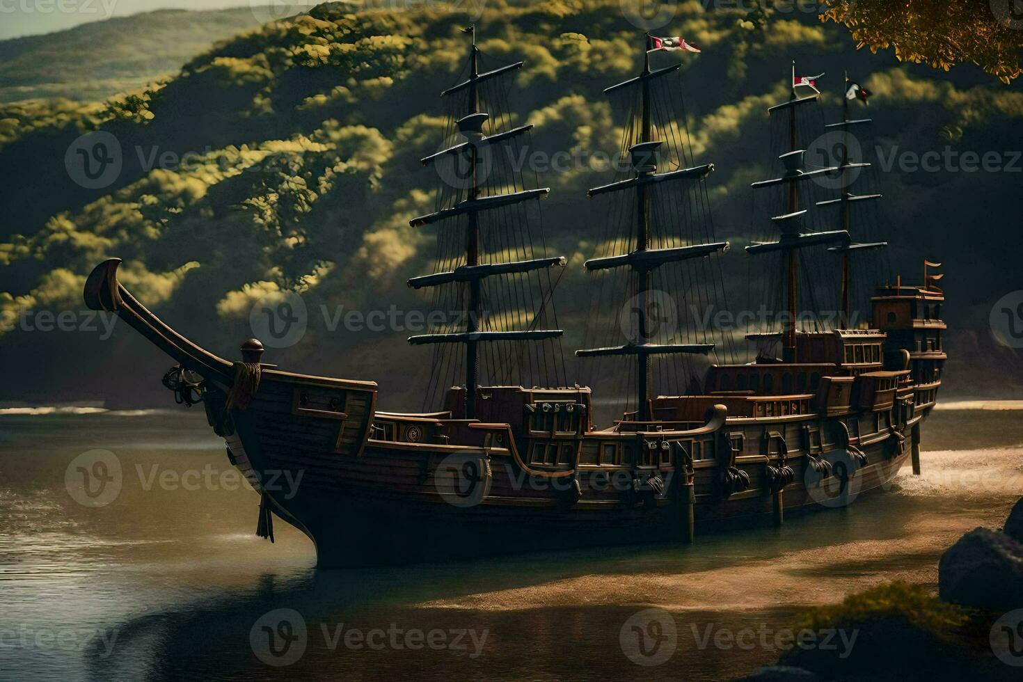 a pirate ship is floating on the water. AI-Generated photo